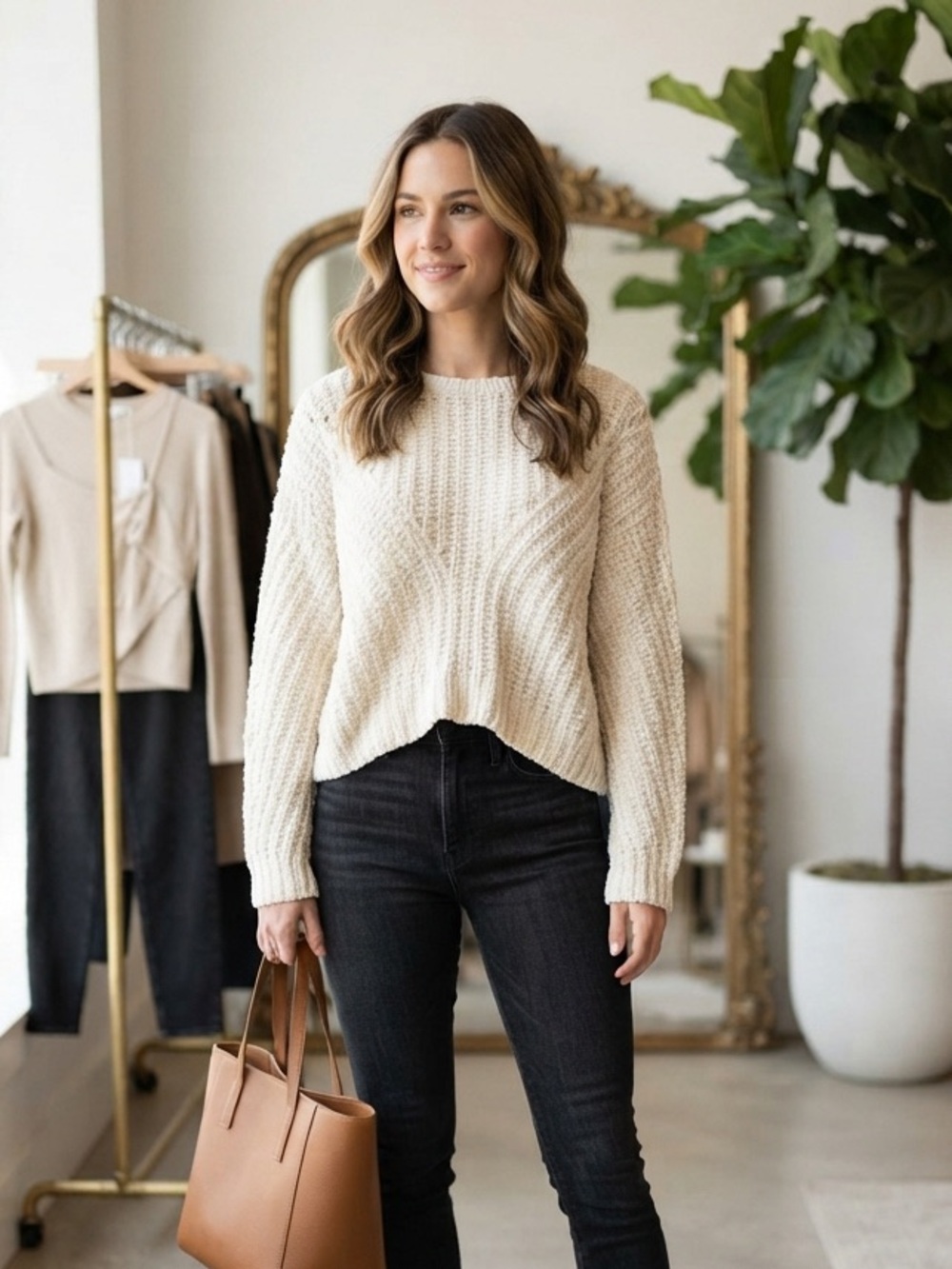 Ivory Textured Chunky Knit Pullover Sweater, Boxy Fit, Long Sleeve